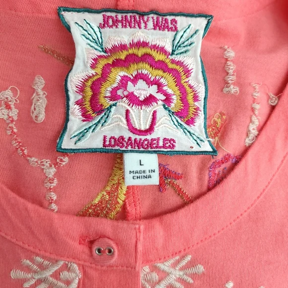 Johnny Was Coral Embroidered Flutter Sleeve Henley Dress - Picture 5 of 7